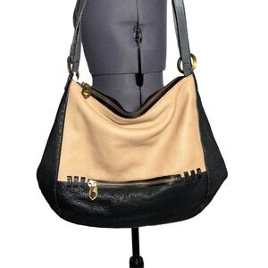 OrYany Leather Backpack Shoulder Bag Purse Black Tan Colorblock Boho Pebbled